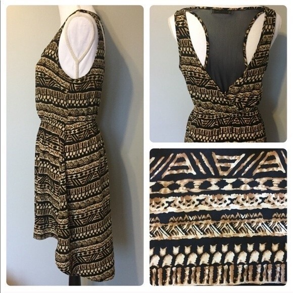 Michael Farrell Dress Black & Tan Southwest Print High Low Mesh Racer Back Midi - Picture 2 of 4